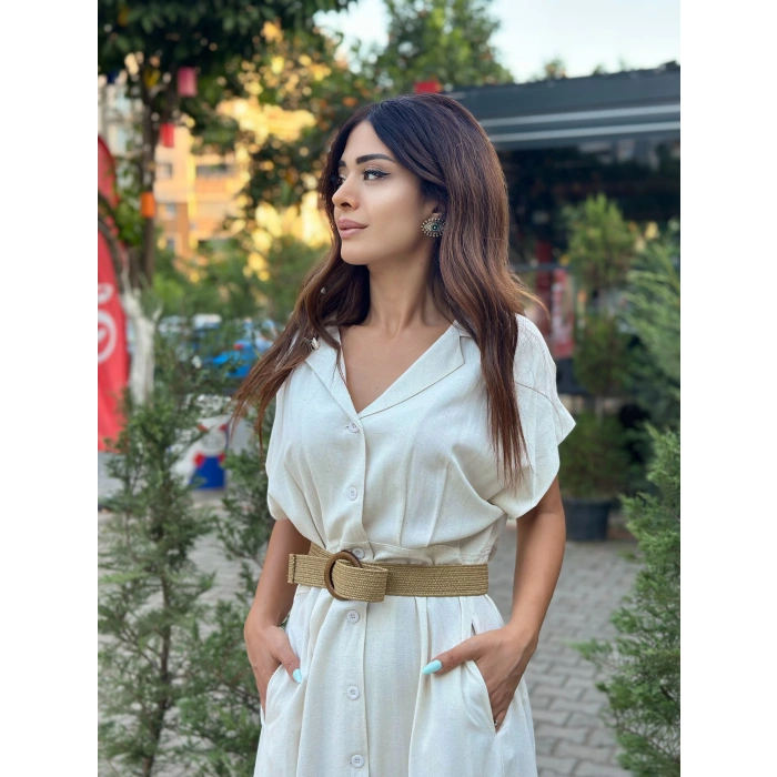 KEMERLİ NATURAL KETEN ELBİSE