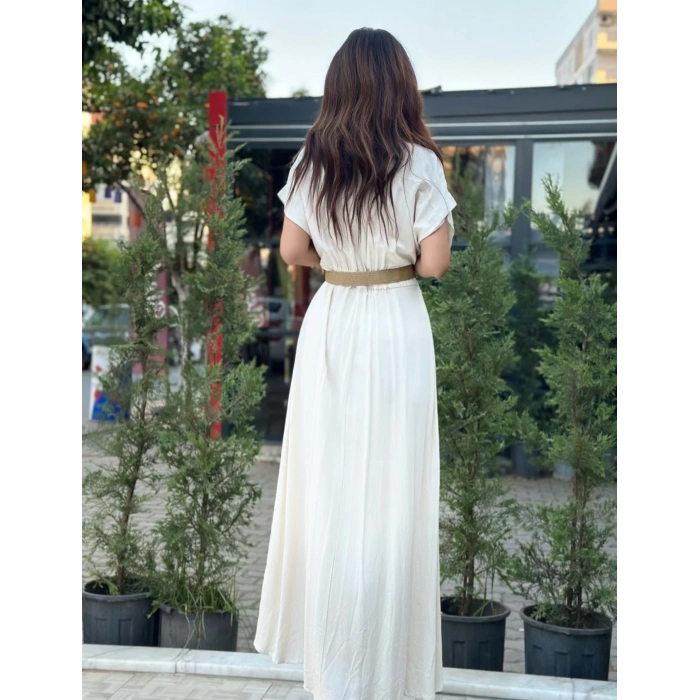 KEMERLİ NATURAL KETEN ELBİSE