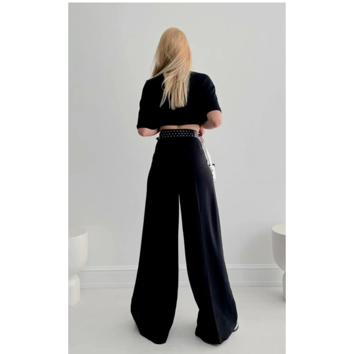 KENDİNDEN ÇİZGİLİ BOL PAÇA PANTOLON