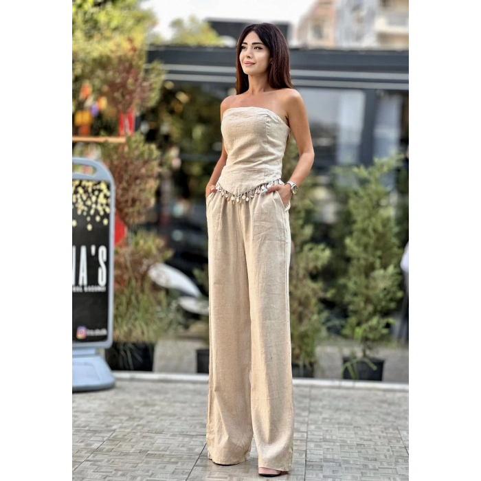 KETEN BONCUK DETAYLI BLUZ PANTOLON TAKIM