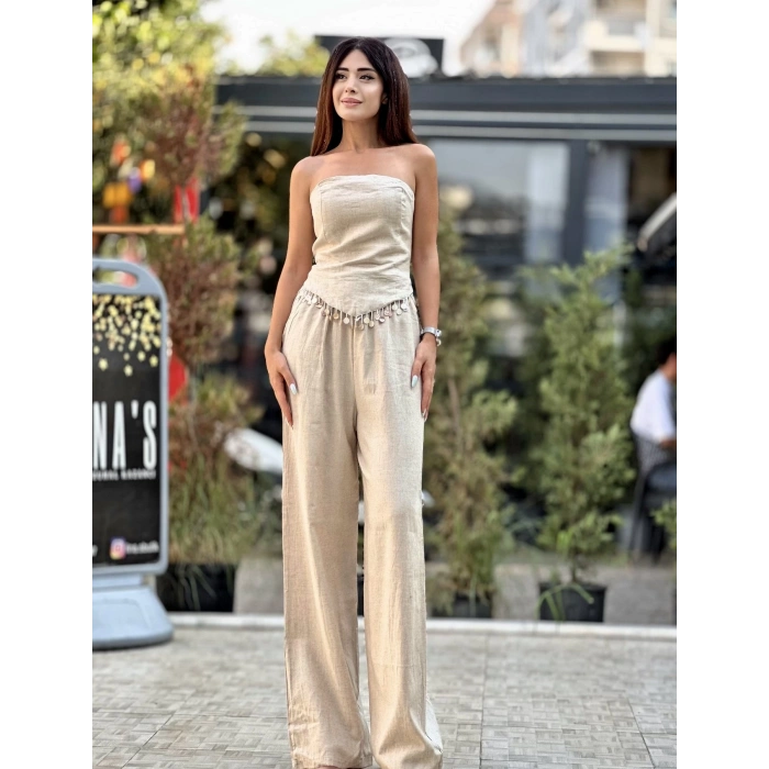 KETEN BONCUK DETAYLI BLUZ PANTOLON TAKIM