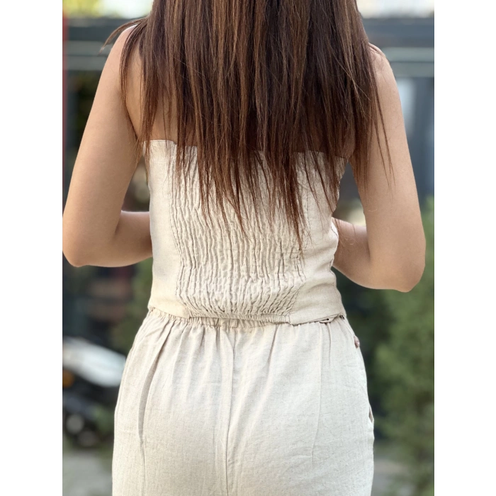 KETEN BONCUK DETAYLI BLUZ PANTOLON TAKIM