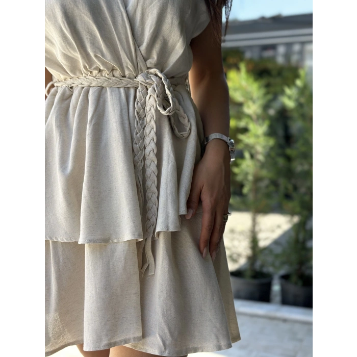 KETEN VOLAN ETEK KREM ELBİSE