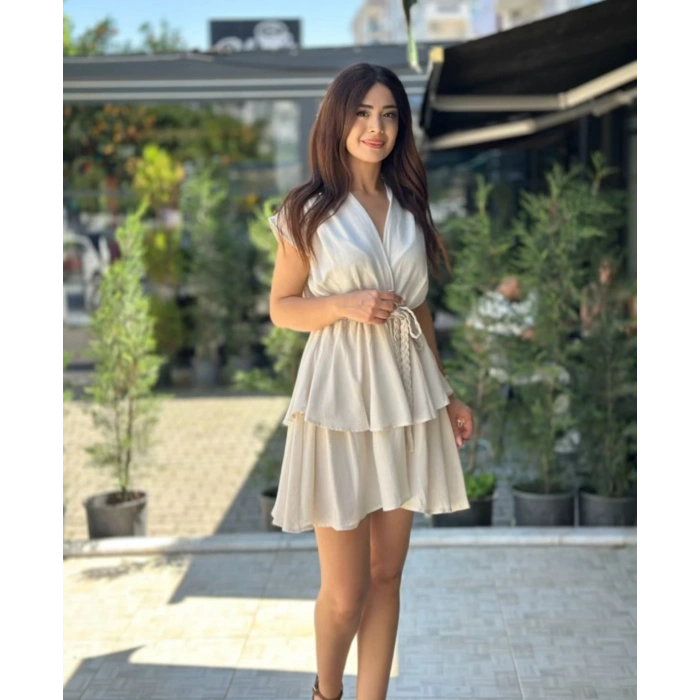 KETEN VOLAN ETEK KREM ELBİSE