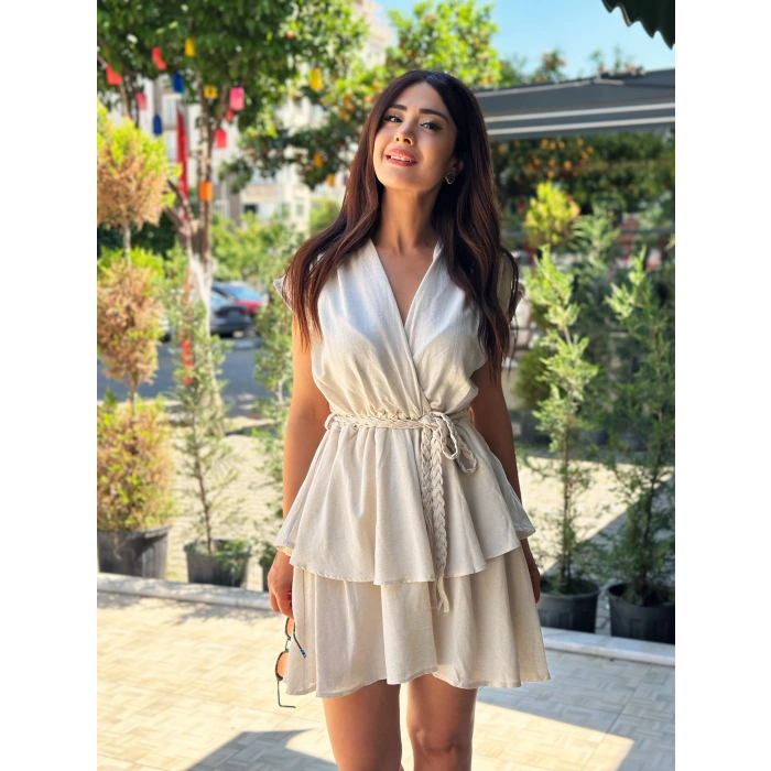 KETEN VOLAN ETEK KREM ELBİSE