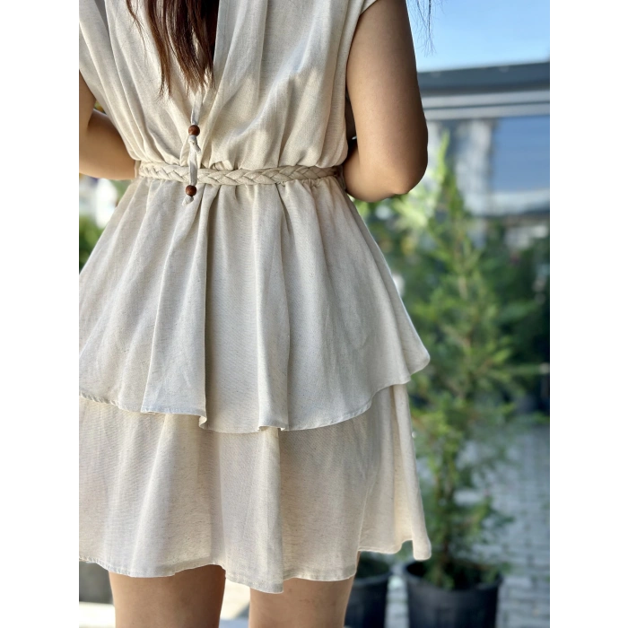 KETEN VOLAN ETEK KREM ELBİSE