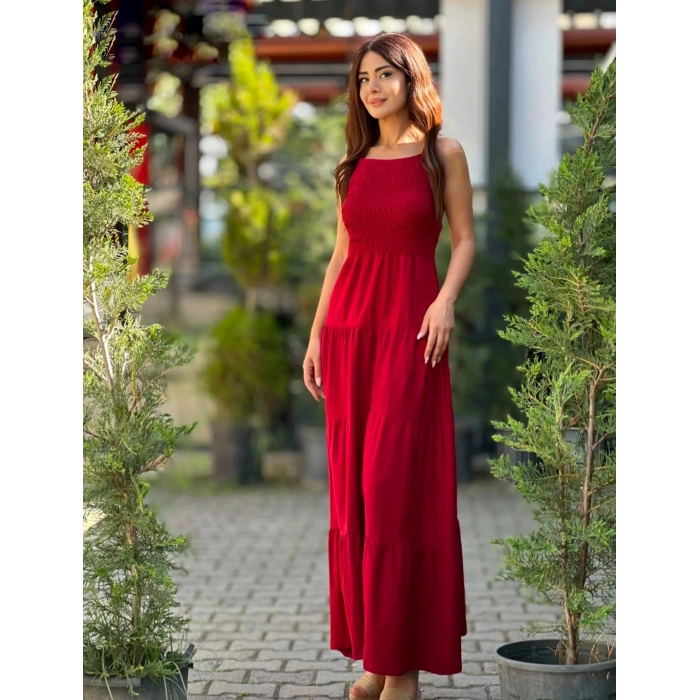 KIRMIZI UZUN KETEN ELBİSE