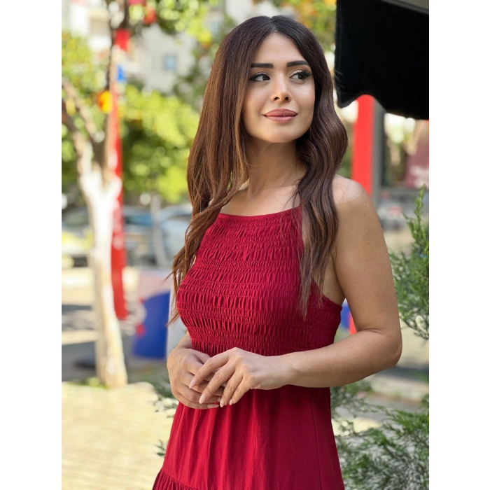 KIRMIZI UZUN KETEN ELBİSE