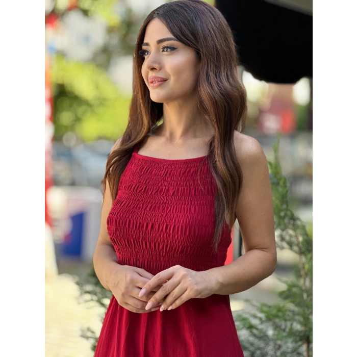 KIRMIZI UZUN KETEN ELBİSE