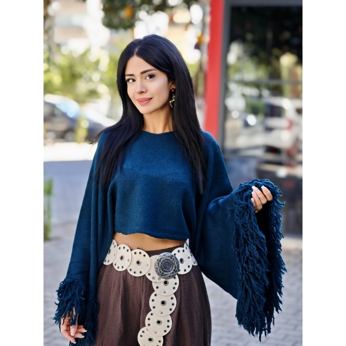 KOLLARI PÜSKÜL PETROL RENGİ TRİKO