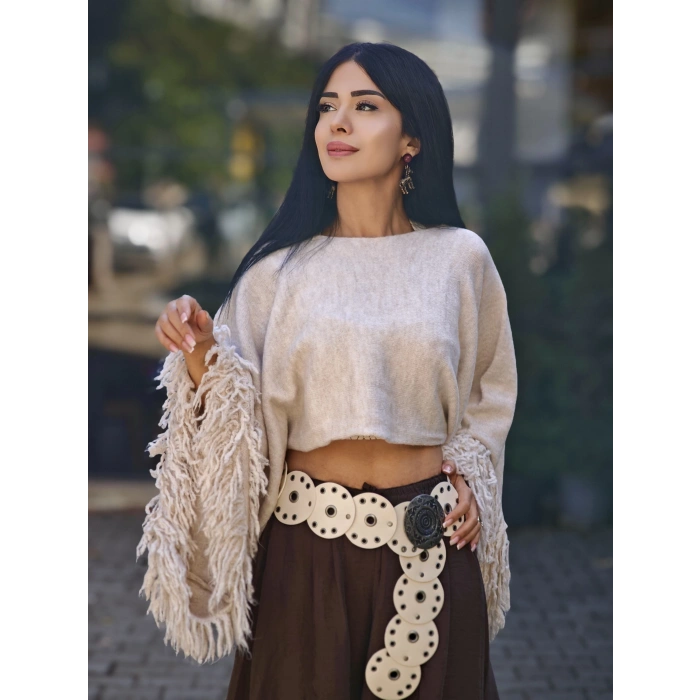 KOLLARI PÜSLKÜL TAŞ RENGİ TRİKO