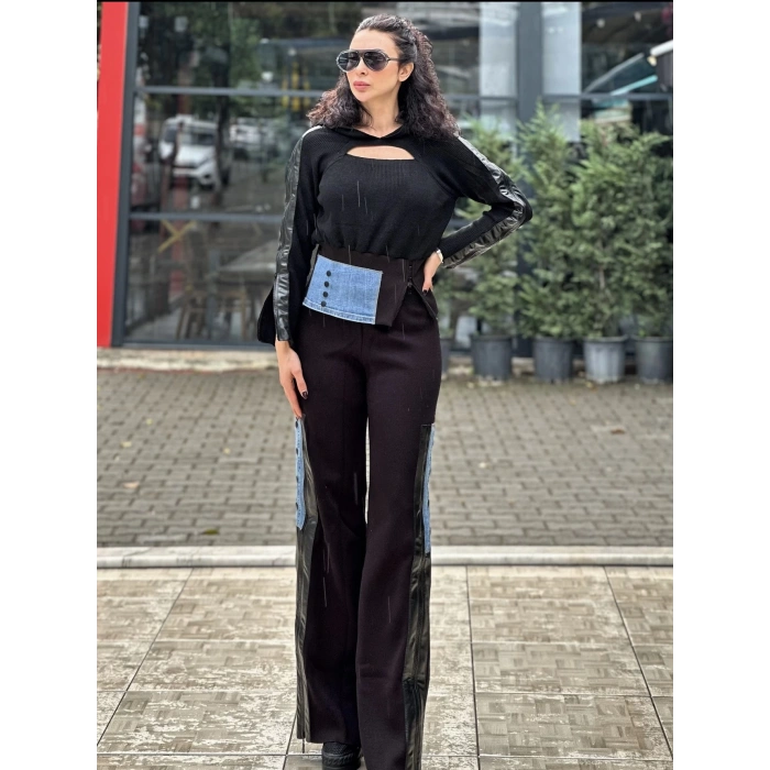 KOT DETAYLI SİYAH TRİKO PANTOLON