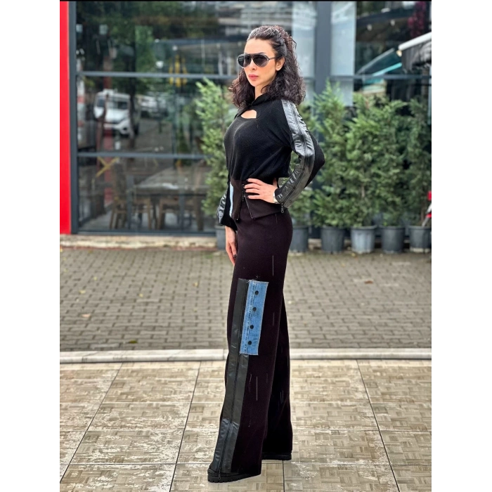 KOT DETAYLI SİYAH TRİKO PANTOLON