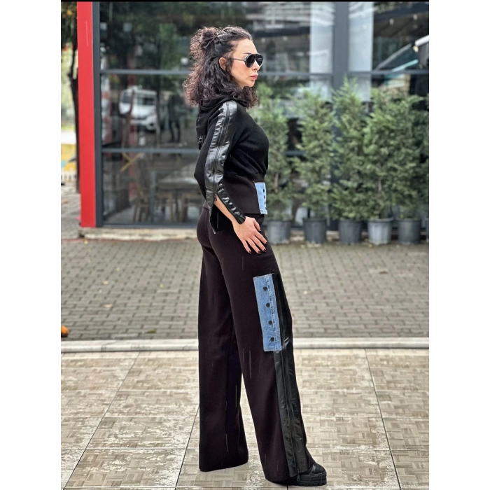 KOT DETAYLI SİYAH TRİKO PANTOLON