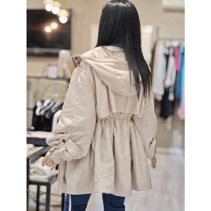 KREM KAPUŞONLU BEL BAĞLAMALI MONT