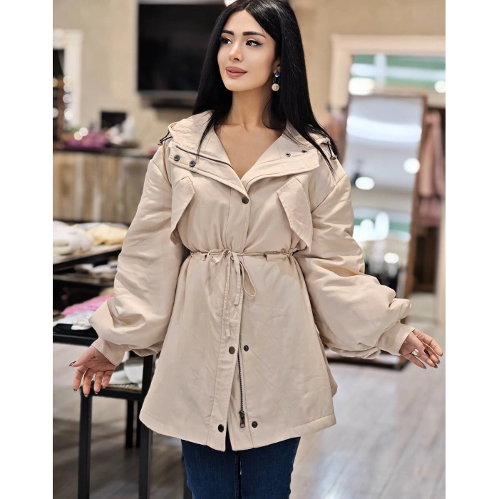 KREM KAPUŞONLU BEL BAĞLAMALI MONT