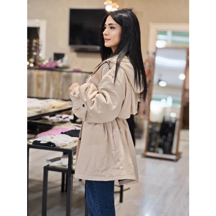 KREM KAPUŞONLU BEL BAĞLAMALI MONT