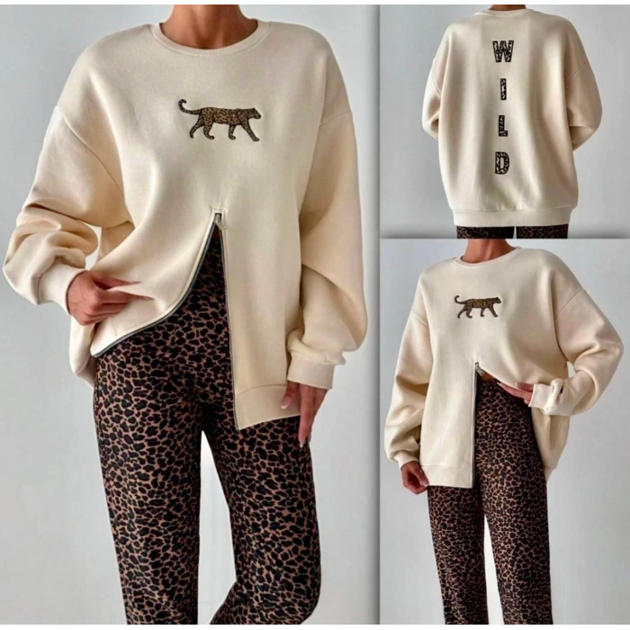 KREM RENK LEOPAR DETAY SWEATSHİRT