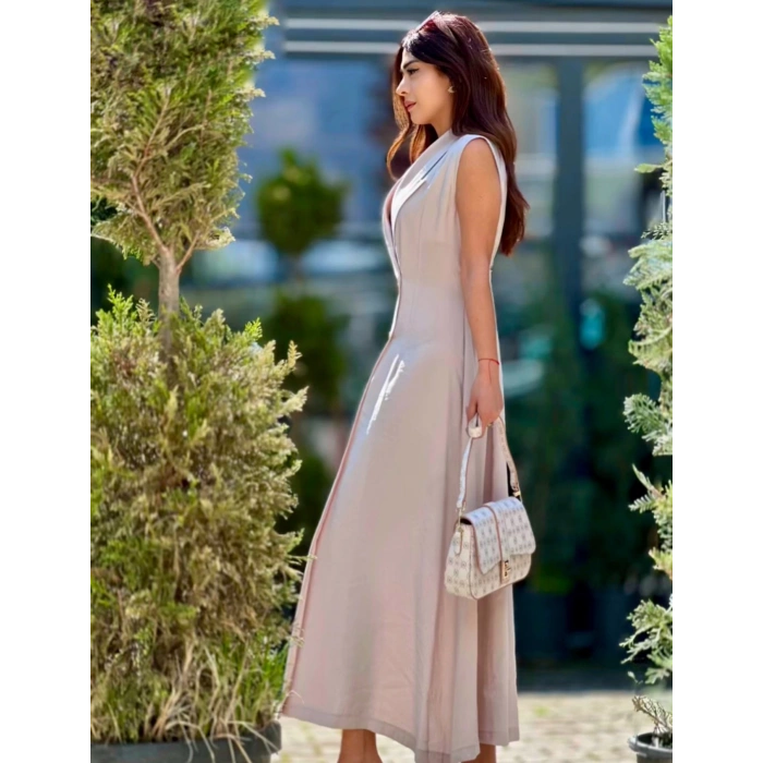 KRUVAZE ÖNÜ DÜĞMELİ TENSEL ELBİSE