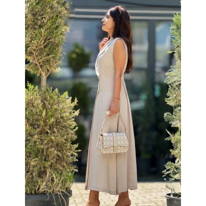 KRUVAZE ÖNÜ DÜĞMELİ TENSEL ELBİSE