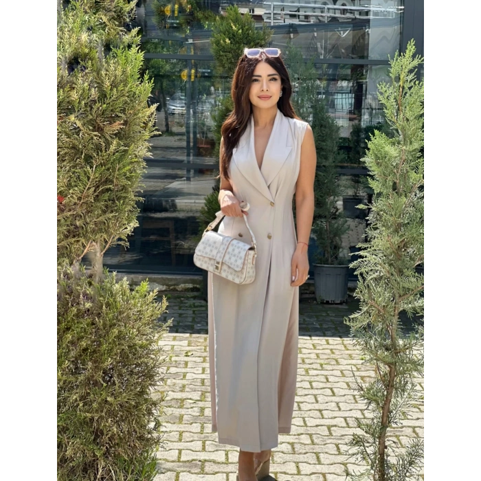 KRUVAZE ÖNÜ DÜĞMELİ TENSEL ELBİSE