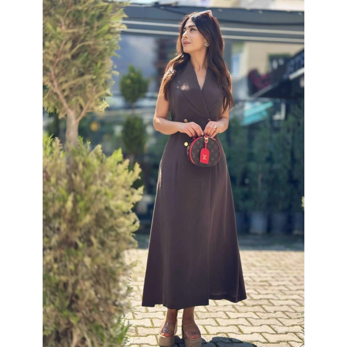 KRUVAZE ÖNÜ DÜĞMELİ TENSEL ELBİSE