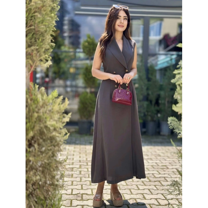 KRUVAZE ÖNÜ DÜĞMELİ TENSEL ELBİSE