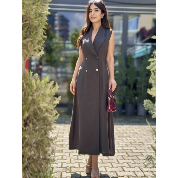 KRUVAZE ÖNÜ DÜĞMELİ TENSEL ELBİSE