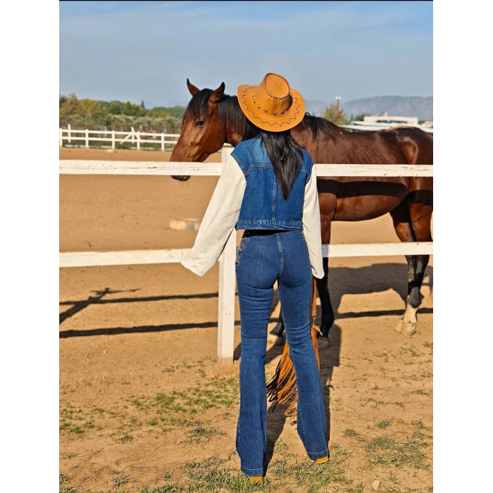 KUŞGÖZÜ BAĞLAMALI MAVİ PANTOLON