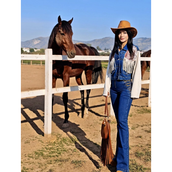 KUŞGÖZÜ BAĞLAMALI MAVİ PANTOLON