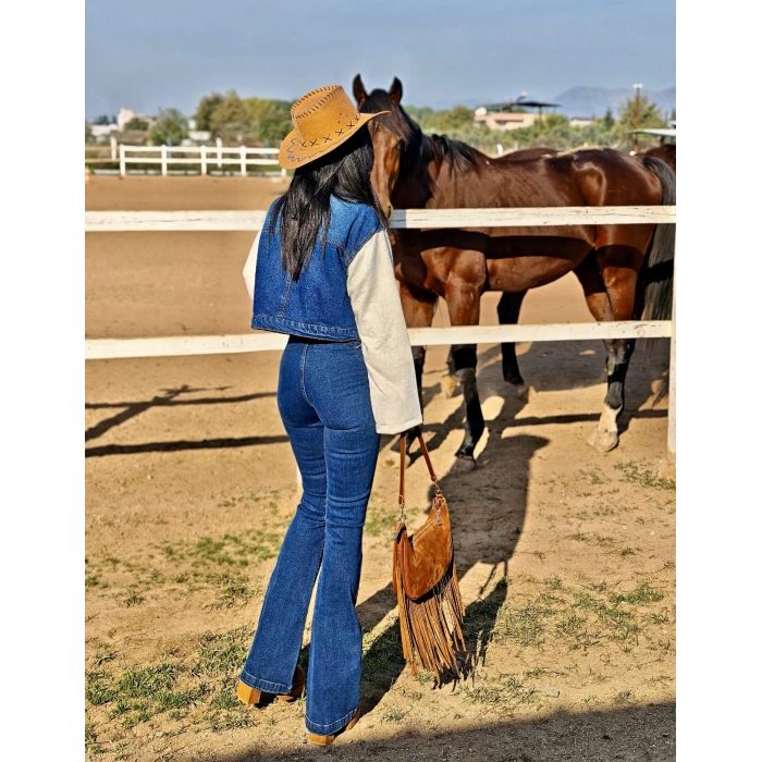 KUŞGÖZÜ BAĞLAMALI MAVİ PANTOLON