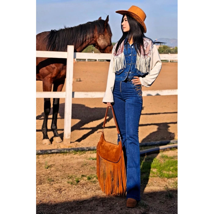 KUŞGÖZÜ BAĞLAMALI MAVİ PANTOLON