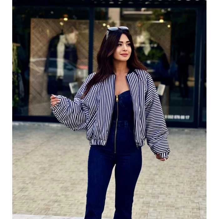 LACİVERT ÇİZGİLİ BOMBER MONT