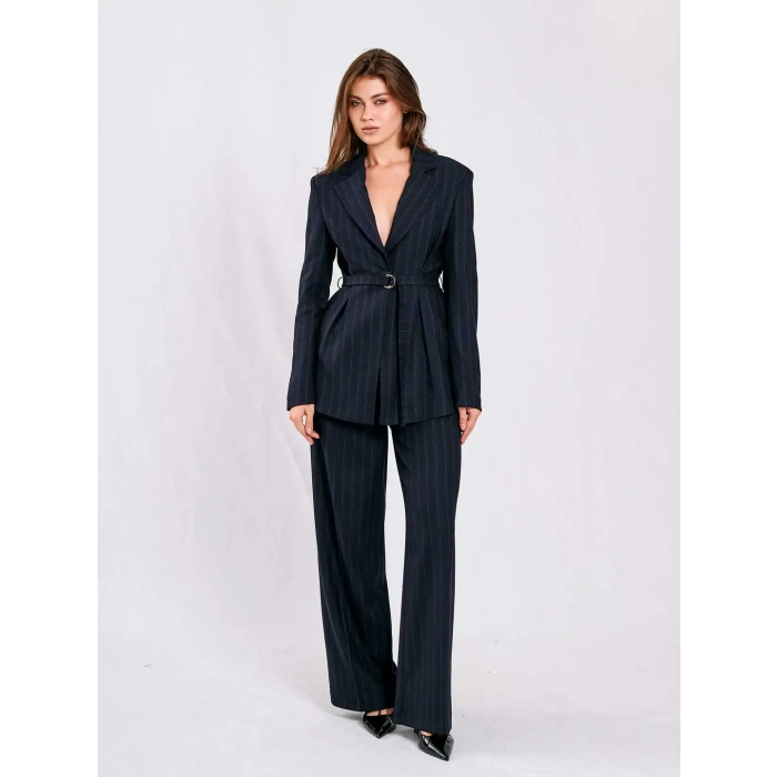 LACİVERT ÇİZGİLİ KUŞAKLI CEKET