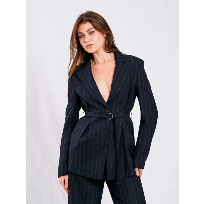 LACİVERT ÇİZGİLİ KUŞAKLI CEKET