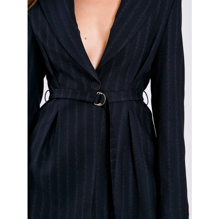 LACİVERT ÇİZGİLİ KUŞAKLI CEKET