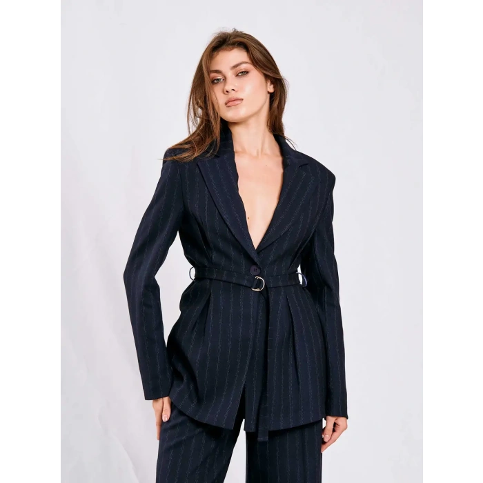 LACİVERT ÇİZGİLİ KUŞAKLI CEKET