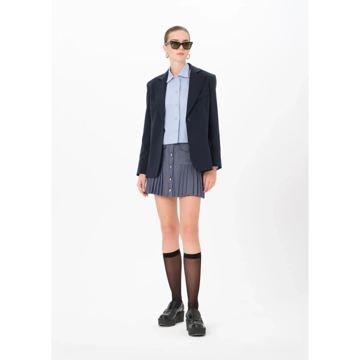 LACİVERT PİLELİ DÜĞMELİ ETEK