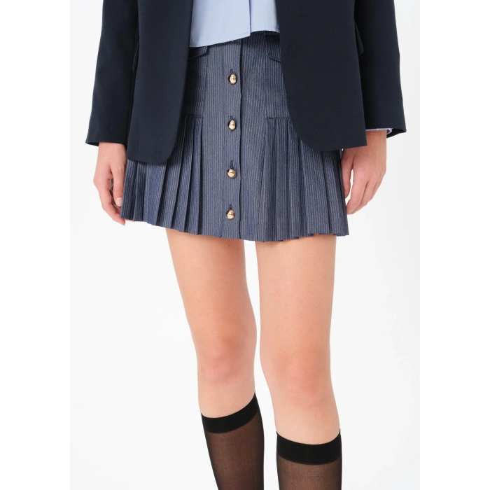 LACİVERT PİLELİ DÜĞMELİ ETEK