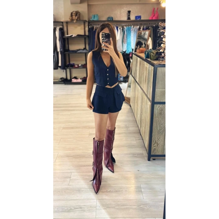 LACİVERT TAŞLI DÜĞMELİ ÇİZGİLİ YELEK