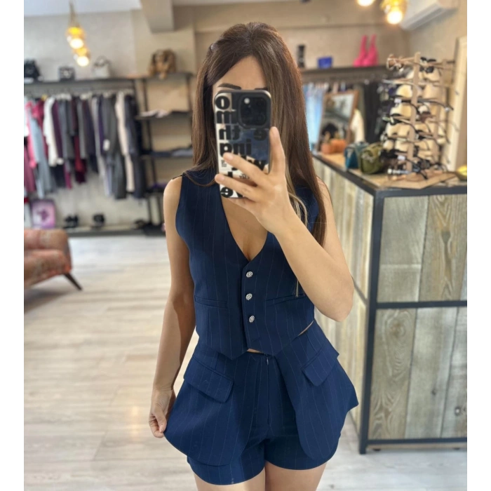 LACİVERT TAŞLI DÜĞMELİ ÇİZGİLİ YELEK