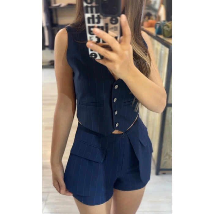 LACİVERT TAŞLI DÜĞMELİ ÇİZGİLİ YELEK