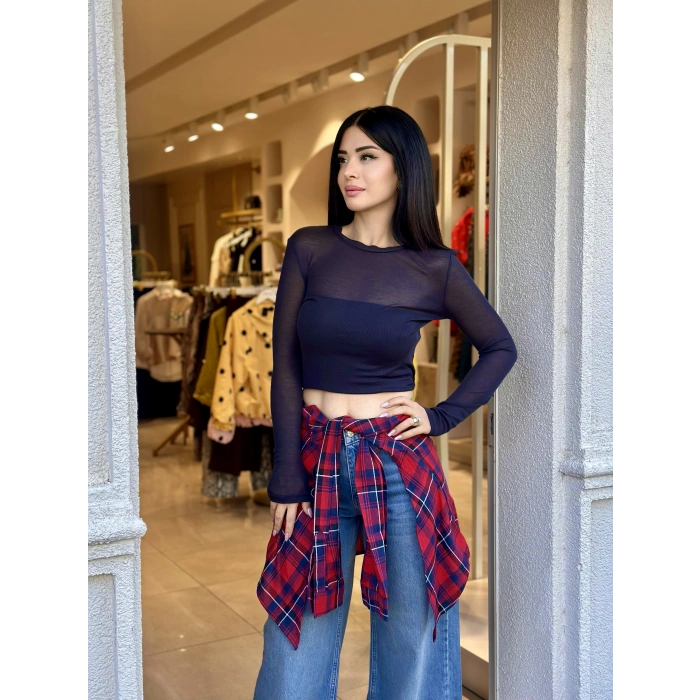 LACİVERT TRASPARAN BLUZ W3