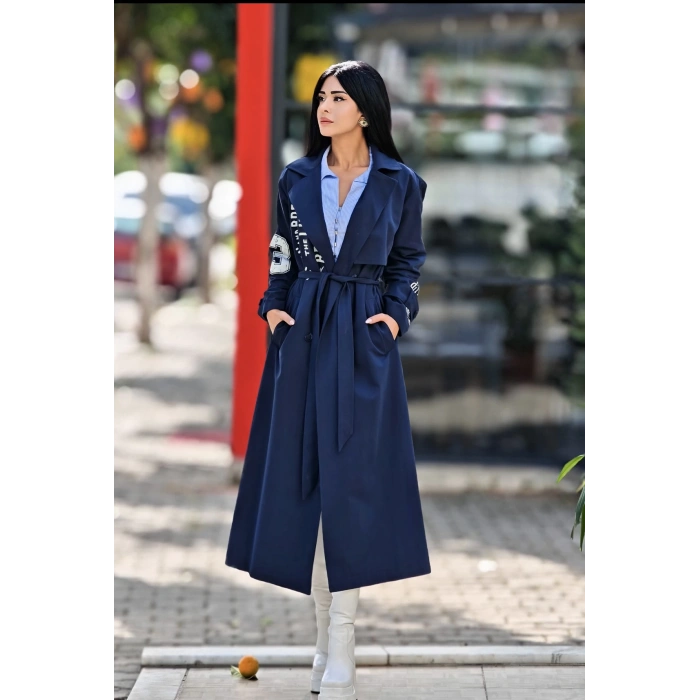 LACİVERT YAZI BASKILI TRENCOAT