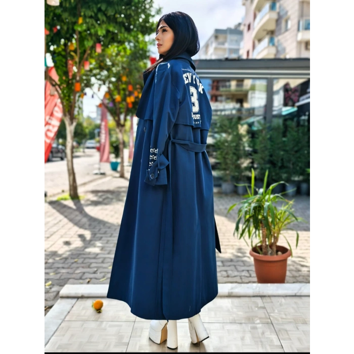LACİVERT YAZI BASKILI TRENCOAT