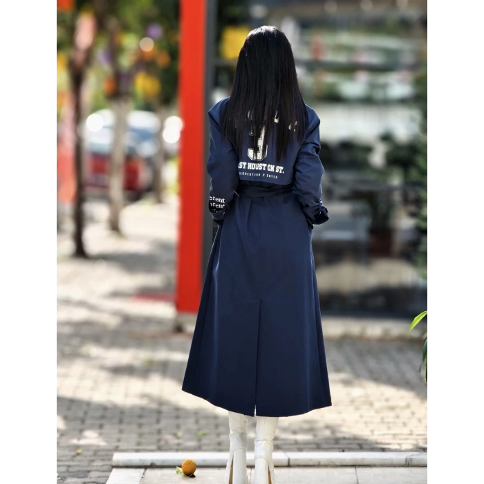 LACİVERT YAZI BASKILI TRENCOAT