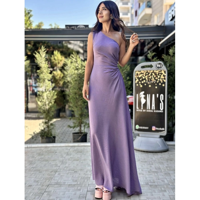 LİLA TEK OMUZ ELBİSE