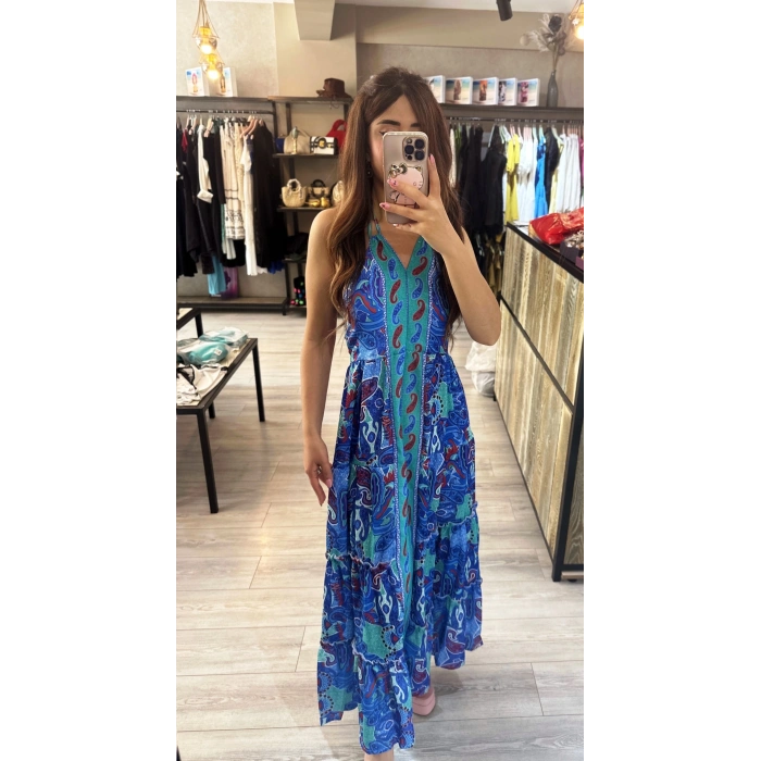 MAVİ DESENLİ BOYUNDAN BAĞLAMALI ELBİSE