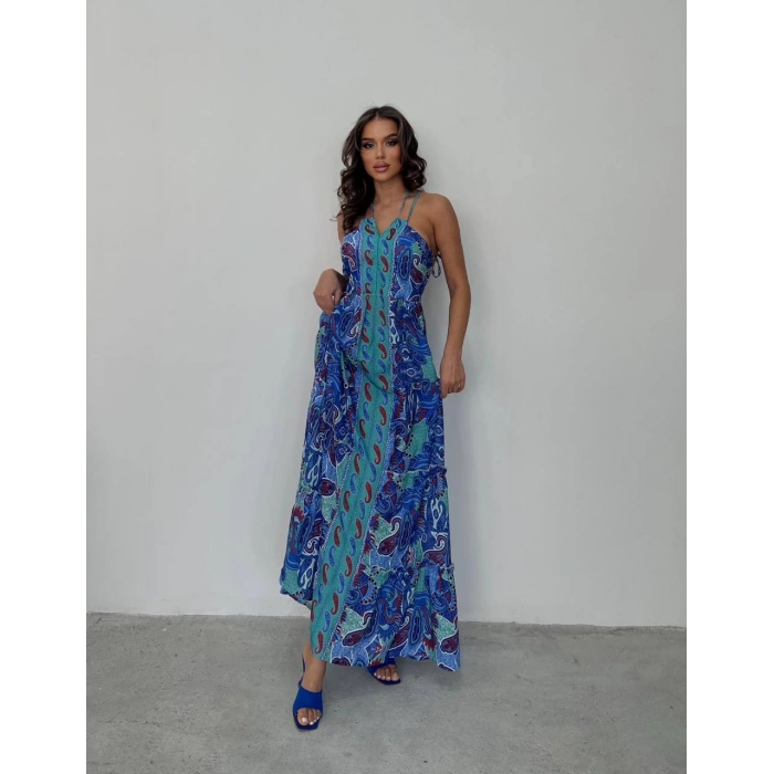 MAVİ DESENLİ BOYUNDAN BAĞLAMALI ELBİSE