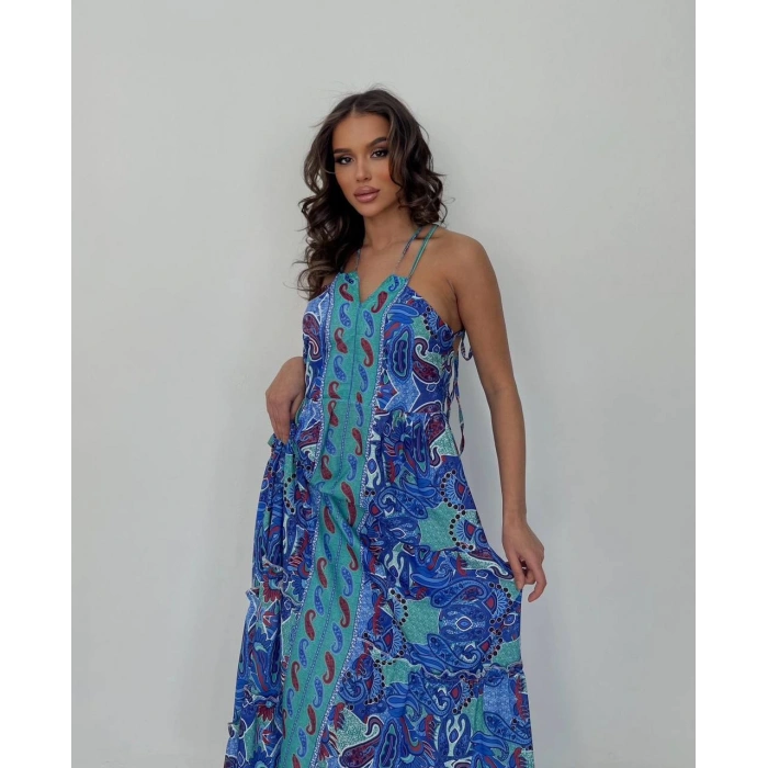 MAVİ DESENLİ BOYUNDAN BAĞLAMALI ELBİSE